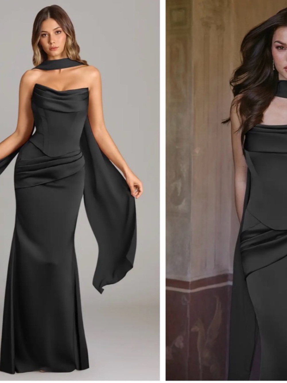 Azazie Black Strapless Evening Dress with Draped Scarf Detail